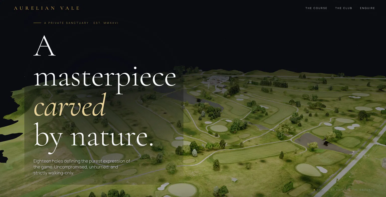 Interactive 3D golf course website — a scroll-driven aerial tour of a luxury private golf club that buyers and members can explore in any browser